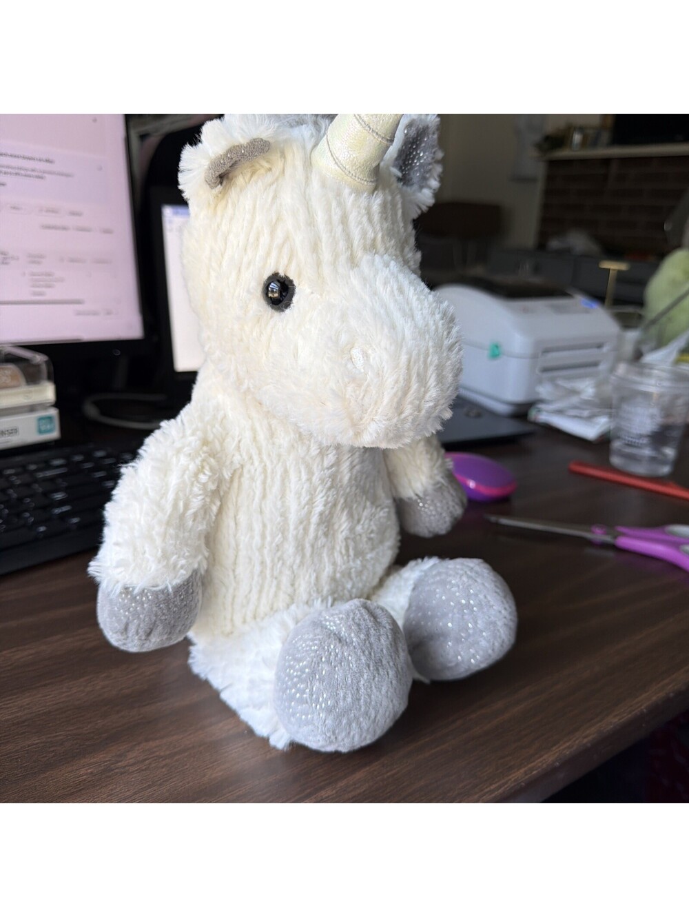 KellyToy Chenille Sparkle Unicorn Plush Cream Gray Hooves Ears Stuffed Animal